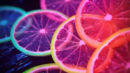 Foto op Plexiglas rainbow glowing neon citrus slices on a background, © Planetz