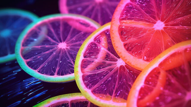 rainbow glowing neon citrus slices on a background,