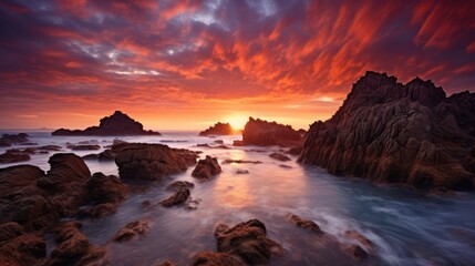 Natural view of rocky beach in the morning sunrise.