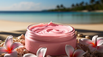 pink cream mockup on the beach