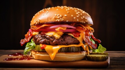 background delicious burger food juicy illustration tasty mouthwatering, savory grilled, cheese bun background delicious burger food juicy - obrazy, fototapety, plakaty