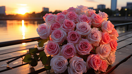 wedding bouquet of roses at sunset