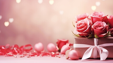 Roses flower and gift box with ribbon. Valentine's Day background