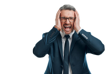 Shout, frustrated and portrait of business man on isolated, png and transparent background. Stress,...