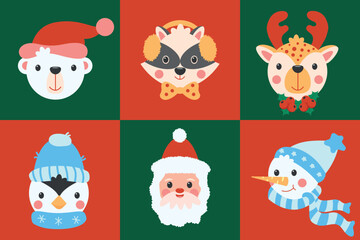 Set of Cute New year and christmas kawaii characters - polar bear, raccoon, deer, penguin, Santa Clause, snowman  for postcard, greeting card, logo, poster for design kids room 
