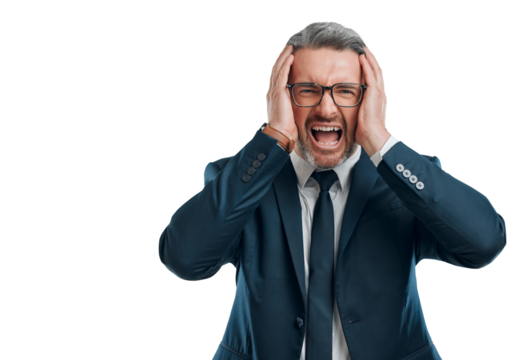 Shout, frustrated and portrait of business man on isolated, png and transparent background. Stress, corporate and face of male worker upset, screaming and angry for crisis, work problem and burnout