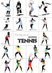 Fototapeta na wymiar Big set of Woman Tennis player. Colored Vector illustration for designers