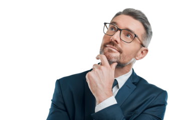 Business, thinking and man with ideas, planning and brainstorming isolated on transparent background. Person, employee or entrepreneur with opportunity, decision or choice with png, emoji or question