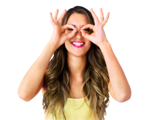 Woman, okay sign and hands with portrait for agreement, happy and support with good or positive review. Model, smile and face with yes emoji for perfect and isolated on transparent png background