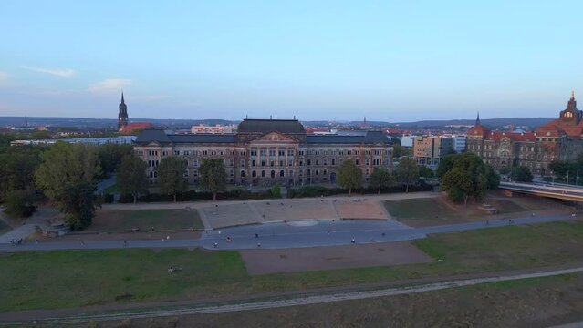 Stunning aerial top view flight 
Saxon State Ministry of Culture city Dresden. panorama orbit drone
4k Landscape footage