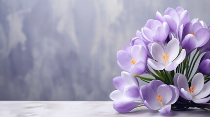 Bouquet of Crocus flowers. Beautiful spring flowers. Copy space. Happy Women's Day, Mother's Day, Valentine's Day, Easter. Card.