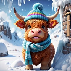 highland cow in winter 3D Funny Christmas Background 