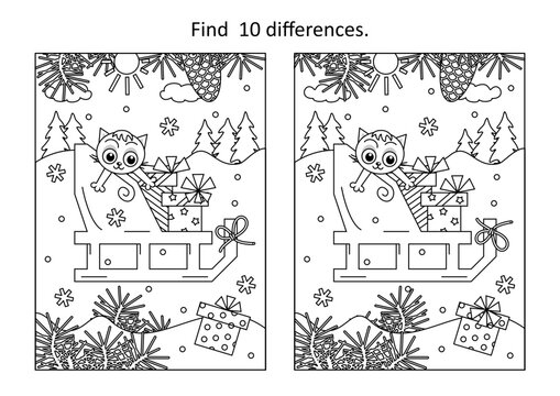 Difference game or picture puzzle with Santa's sledge, gifts or presents, kitten and lost box
