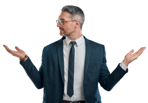Decision, thinking and business man with hands on isolated, png and transparent background. Questions, corporate and confused worker with gesture for brainstorming options, choice and solutions