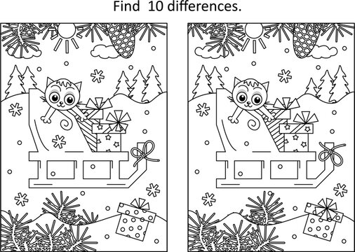 Difference game or picture puzzle with Santa's sledge, gifts or presents, kitten and lost box
