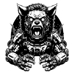 cyborg werewolf black and white vector illustration