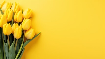 Bouquet of Tulip flowers on a Yellow background. Beautiful spring flowers. Copy space. Happy Women's Day, Mother's Day, Valentine's Day, Easter. Card.