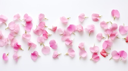 Obraz premium Petals of Sweet Pea flowers on a White background. Beautiful spring flowers. Happy Women's Day, Mother's Day, Valentine's Day, Easter. Card.