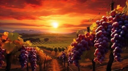 vine grape wine drink vineyard sunset harvest illustration red summer, nature fruit, suntaste beverage vine grape wine drink vineyard sunset harvest - obrazy, fototapety, plakaty