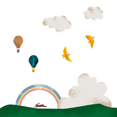 Fototapeta na wymiar テクスチャのある気球2種と雲と虹と山と鳥