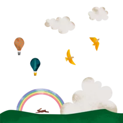 Cercles muraux Montgolfière テクスチャのある気球2種と雲と虹と山と鳥
