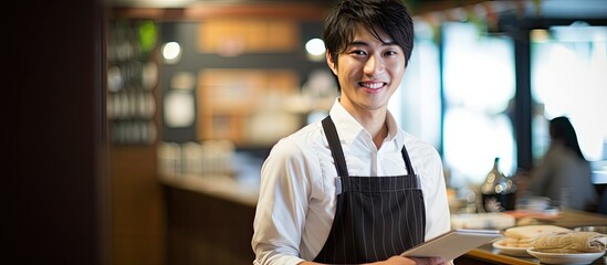 In a quaint Japanese cafe, a young man with a charming smile works as a model employee, serving espresso to customers while his team collaborates on tasks and updates a blackboard with the day's - obrazy, fototapety, plakaty