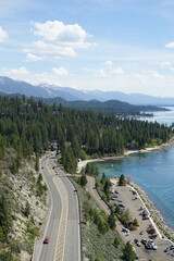 View of Highway 50 and Lake Tahoe from the top of Cave Rock on the East Shore of Lake Tahoe on a sunny day with blue skies