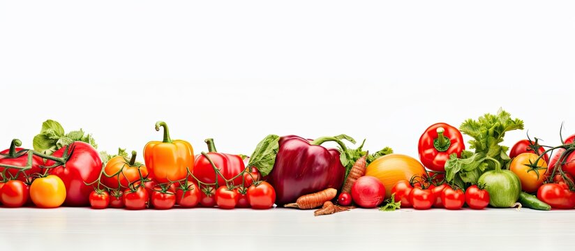 A visually captivating image of an isolated white background showcases the vibrant colors of nature through red tomatoes, fresh fruits, and healthy vegetables, promoting the benefits of a natural