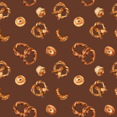 Various types of baked goods watercolor seamless pattern isolated on dark. Hand drawn simit, pretzel for bakery. Painted brioche, bagel. Illustration of croissant, bread. Design for bakery, package