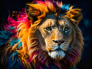 Creative lion's face, merging realistic features with abstract colored splashes
