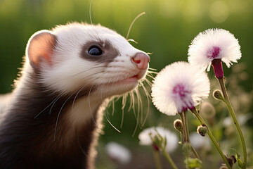 home ferret outside with dendelion flower