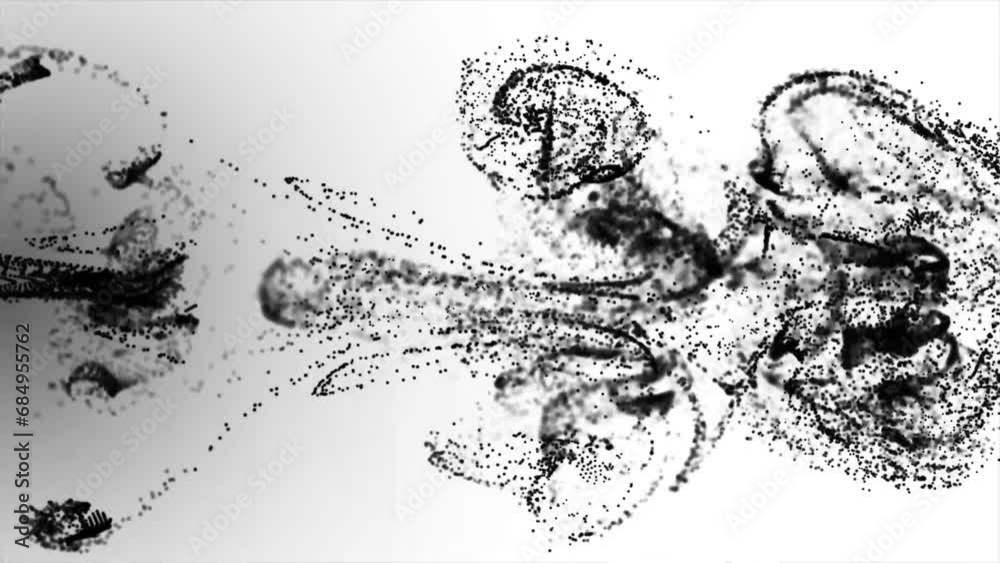 Poster black fluid particle dots are flowing in the animated video. animation of glowing fluid particles fl