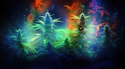 Fototapeta premium Marijuana plant growing under color lighting. Colored neon large leaves and buds of cannabis hemp. Generative AI