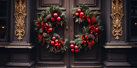 Fototapeta na wymiar Wreath Christmas green in Christmas wreath with conesTraditional Christmas Wreath Greenery and Cones 