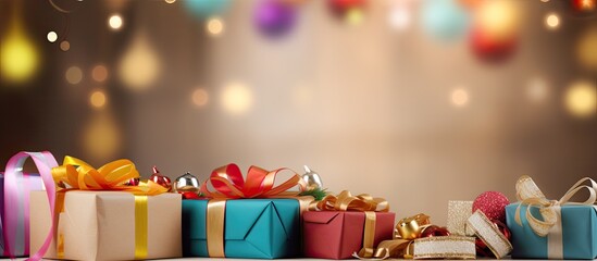 During the Christmas party, a brightly colored gift box adorned with a festive ribbon stood next to the birthday decorations, surrounded by a garland of paper flags, signifying the joyous holiday - Powered by Adobe
