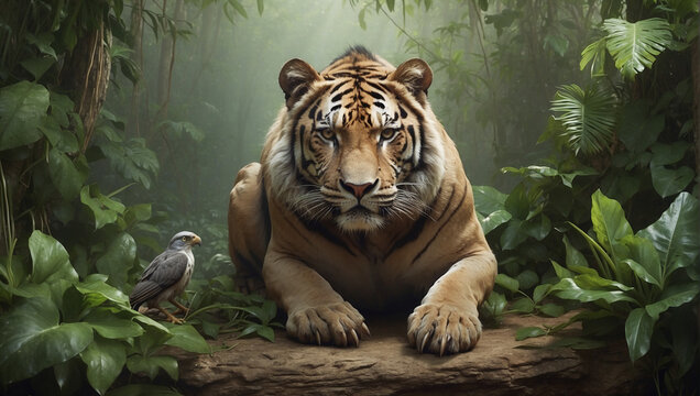 Hyper realistic illustration of tiger animal in jungle