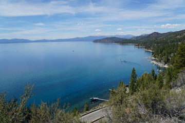 Scenic view of mountains and forested coastline of the East Shore of Lake Tahoe from the top of Cave Rock, Nevada    
