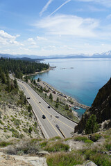 Vertical view of Highway 50 from the top of Cave Rock on the East Shore of Lake Tahoe on a sunny day with blue skies