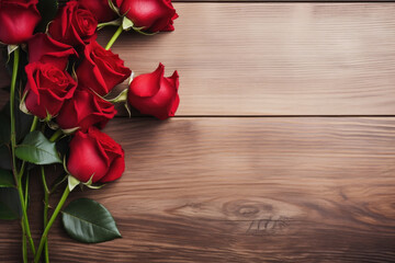 Rose flowers on wooden board, Valentines Day background