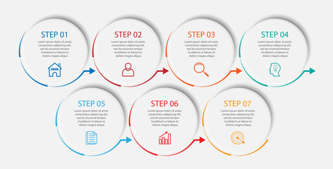 Obraz premium simple infographic vector design 7 steps or parts, circles with thin and thick lines, icons, text, numbers, for flow diagrams, presentations and your business