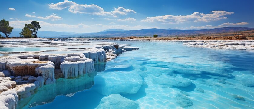 Pamukkale's travertine pools have turquoise water. .