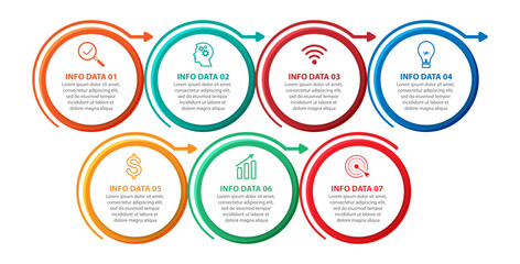 simple infographic vector design 7 steps or parts, circles with thin and thick lines, icons, text, numbers, for flow diagrams, presentations and your business