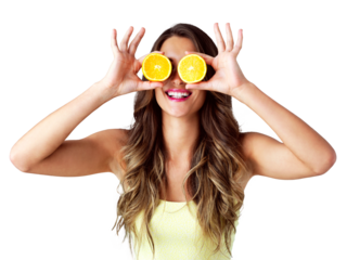 Model, orange and fruits with diet for health wellness, vitamin c and organic nutrition with happiness. Young woman, smile and citrus for healthy digestion and isolated on transparent png background