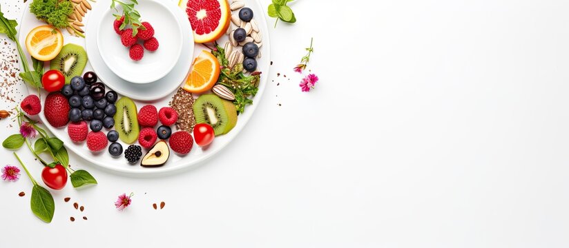 In a picturesque garden, amidst vibrant green leaves and an array of white, pink, and Asian plants, a healthy breakfast plate is beautifully arranged on a white background, showcasing the nutritious