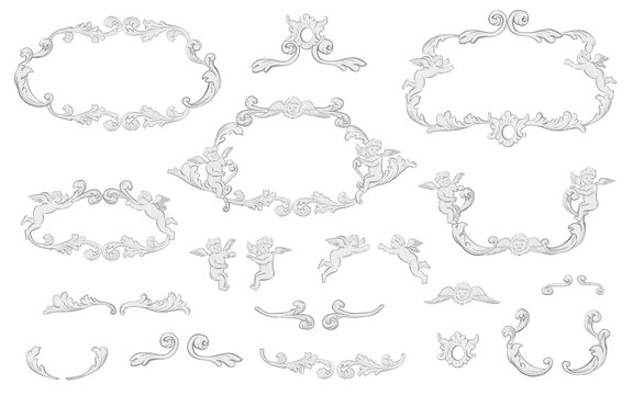 手描きスケッチのロココ調飾り罫クリエーター
各素材を組み合わせることでヴィンテージフレームなど飾り罫が簡単に作れます。
手描きならではのアナログな素朴さがあるので、デザイン作業のあしらいに活躍できます。
あらかじめ組立てたフレーム6セットと個別素材20個
高解像度　300dpi PNG 素材
Photoshopのレイヤー効果で色変更可能