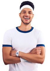 Smile, crossed arms and portrait of man athlete in sportswear with confidence for fitness. Happy,...