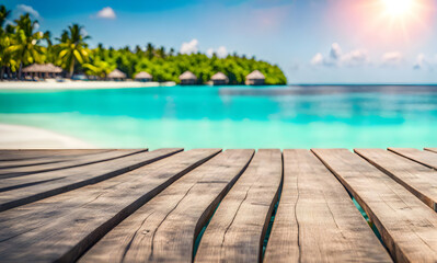 Fototapeta premium Empty wooden table, blurred summer sea background with copy space for your product