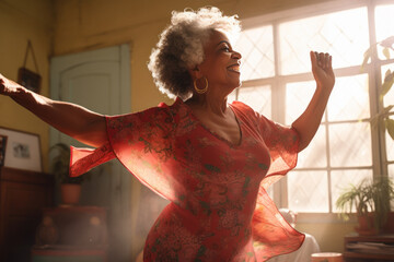 Smiling afro american elderly woman dancing near the window - obrazy, fototapety, plakaty
