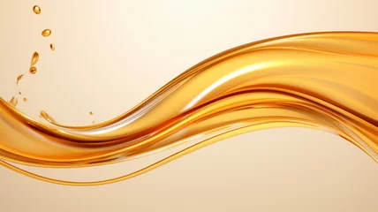 Fotobehang Splashes and drops of liquid oil. Fresh Olive or motor engine oil eco nature golden color close-up. Shine yellow Cosmetic oil or Cosmetic Essence Liquid drop. 3d render © angel_nt