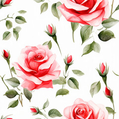 Pastel watercolor red rose on white background seamless pattern. Generative Ai illustration.